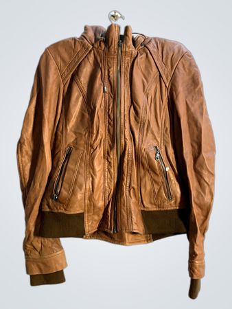 Braune Leder-Bomberjacke mit Kapuze