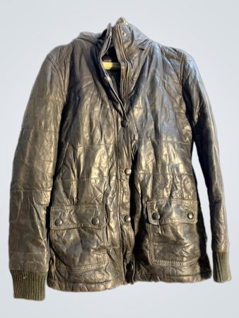 Dark Quilted Leather Jacket with Fur Hood
