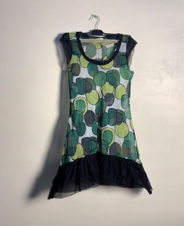 Formel Damen Grüne und Gelbe Kreisdruck Mesh Kleid mit Schwarzem Rüschensaum