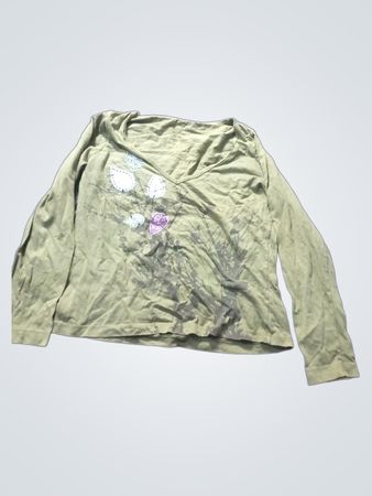 Olive green long sleeve v-neck shirt with leaf print