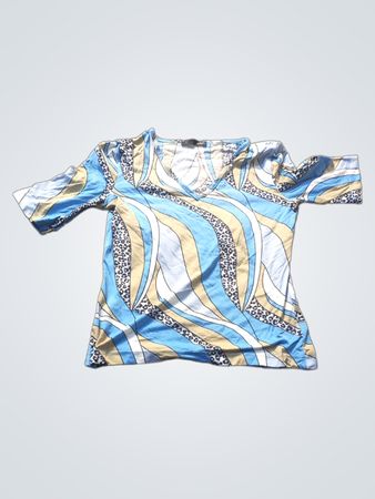 Tee-shirt à imprimé abstrait bleu et beige pour femme taille S