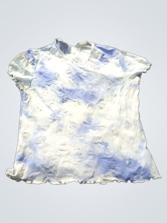 White and blue tie-dye t-shirt with floral embroidery