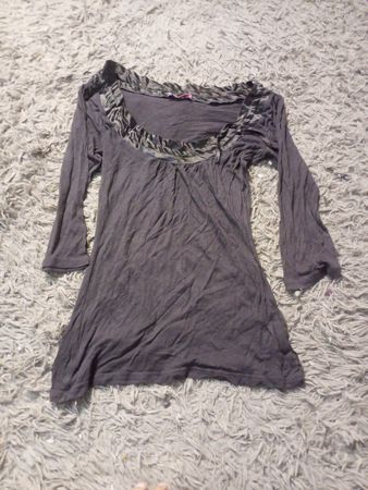 Gray Long Sleeve Top with Embellished Neckline