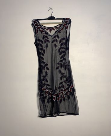 ROBE noire transparente à perles et feuilles ROMAN