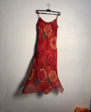 Red floral print slip dress