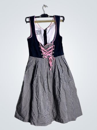 Ossertrachten Dark Blue and Gingham Dirndl Dress with Pink Lacing