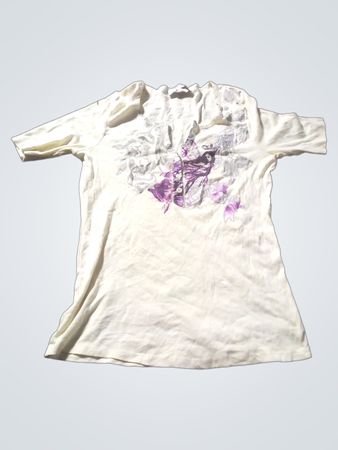 Frauen Creme Blumenmuster V-Ausschnitt T-Shirt
