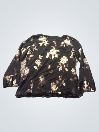Schwarzes Oberteil mit floralem Druck und langen Ärmeln