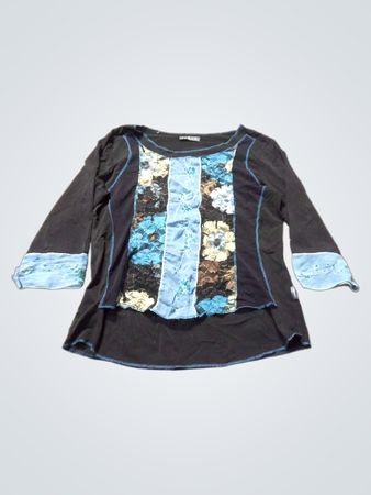 VANGO Damen Schwarz Blau Floral Patchwork 3/4 Sleeve Top