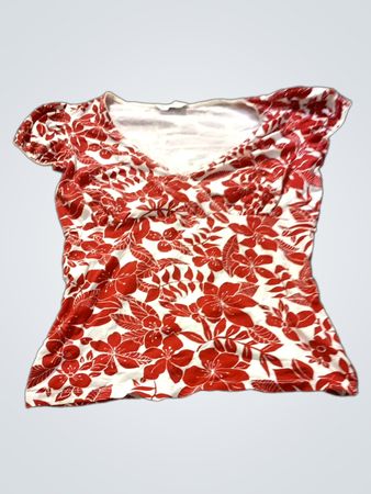 Damen Rotes Blumenmuster V-Ausschnitt T-Shirt