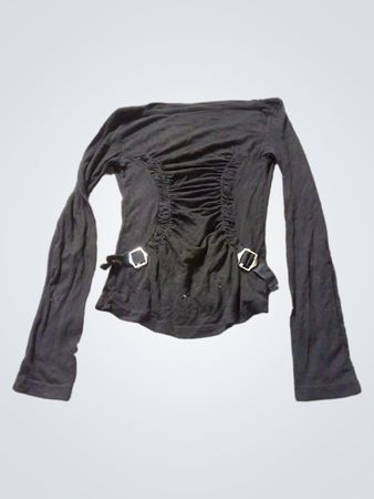 Schwarzes, langärmeliges, gerafftes Oberteil mit Schnallendetails.