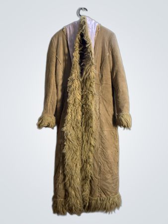 Long brown coat with fur trim