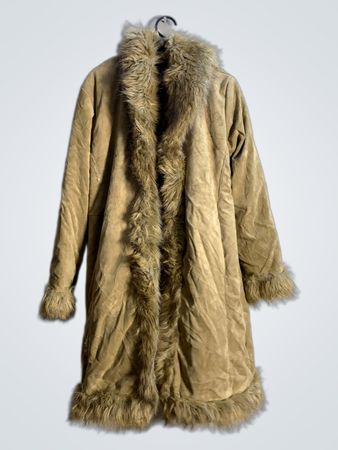 Excelled Women's Tan Faux Fur Trimmed Long Coat