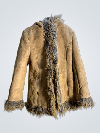 Veste à capuche en suède synthétique beige avec garniture en fausse fourrure