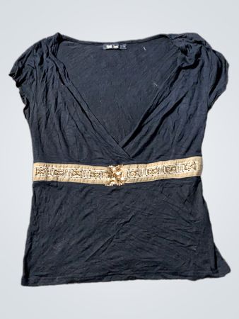 Flash Basic Damen Schwarzes V-Ausschnitt Beaded Gürteltop