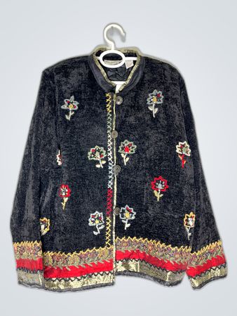 Flashback Embroidered Black Velvet Cardigan