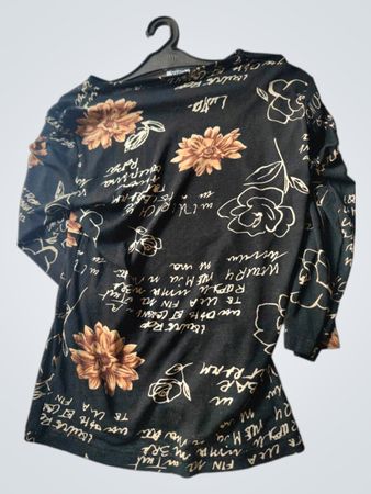 Damen Schwarzes Blumenskript-Druck Langarm-Top