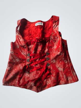 HIEBAUM exclusive red brocade vest with heart pattern and ribbon lacing