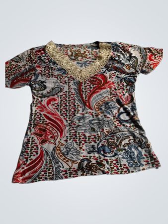 Paisley-Print V-Ausschnitt-Oberteil mit Spitzenbesatz
