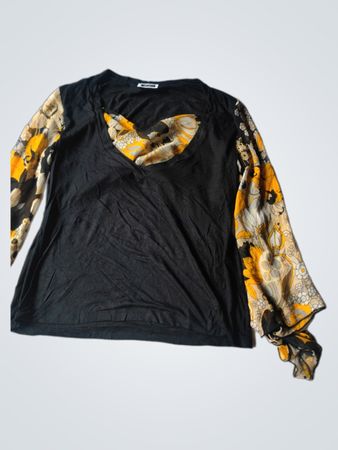 Black Long Sleeve Top with Floral Print Sleeves