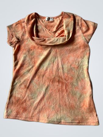 PRODYN Orange und Gelb Batik Strukturierter Cowl Neck Top