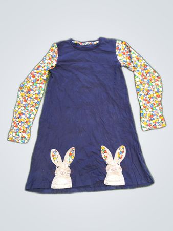 Long-sleeved Blue Dress with Bunny Design