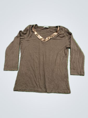 Brown Long-Sleeve Top with Sequined Neckline