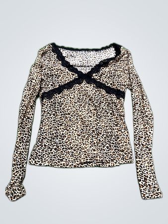 Leopard Print Lace Trim Long Sleeve Blouse