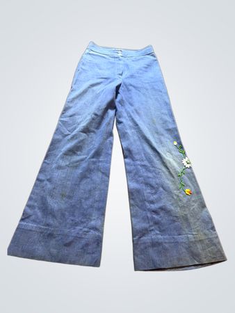 Blue Flared Pants with Floral Embroidery