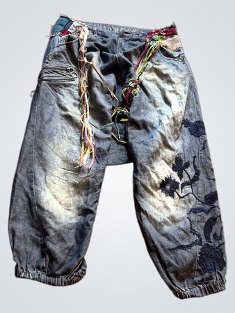 Distressed Gray Pants with Floral Design and Multicolored Waistband