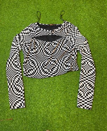 Pink Vanilla Black and White Checkered Long Sleeve Crop Top