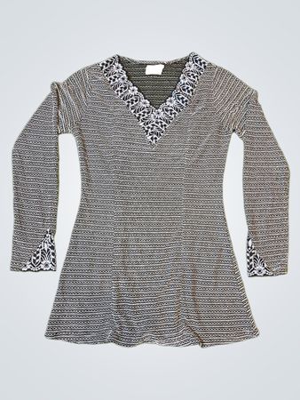 Black and white patterned long sleeve top with lace trim