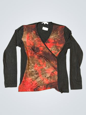 telmail Black Long Sleeve Top with Red and Brown Abstract Print