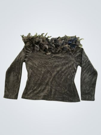 Black velour top with feather trim