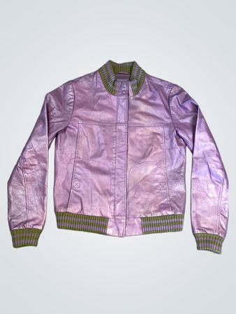 Trafaluc Purple Leather Bomber Jacket with Green and Purple Striped Collar and Cuffs