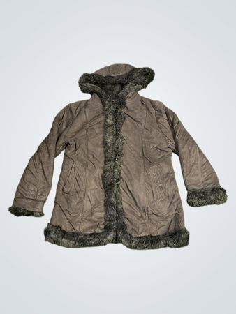 Black hooded coat with fur trim