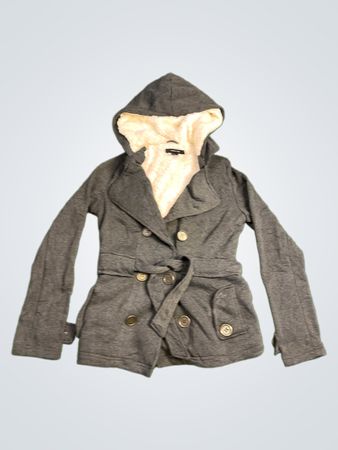 Paper Tee Women's Grey Hooded Double Breasted Belted Jacket