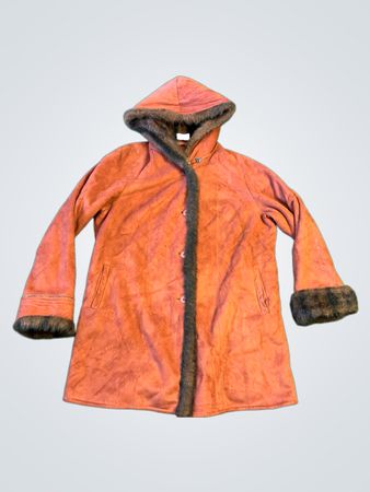 Orange Hooded Coat with Faux Fur Trim