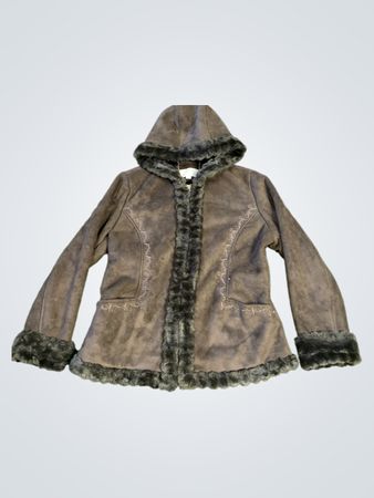 Croft & Barrow Women's Brown Faux Suede Fur Trim Hooded Jacket