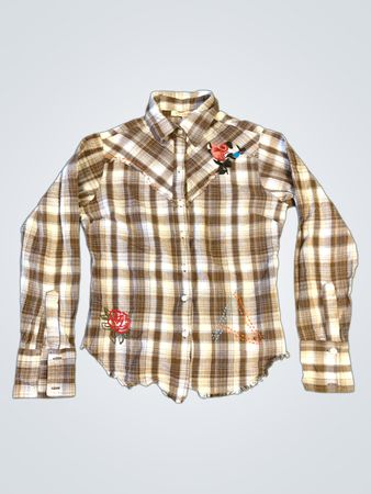bb jeans kariertes Hemd mit gestickten Rosen und Vogelmotiv