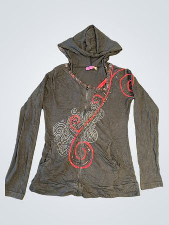 Coton du Monde Black Zip-Up Hoodie with Red Swirl Design