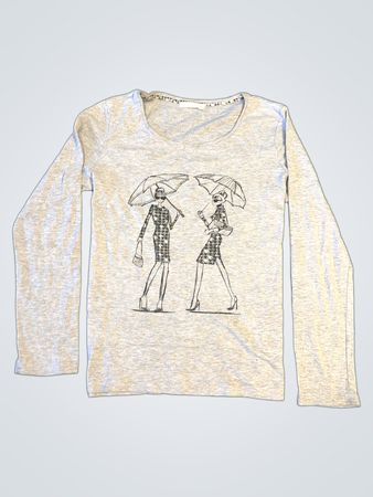 ARMAND THIERY Women's Grey Long Sleeve T-Shirt with Two Women Under Umbrellas Graphic