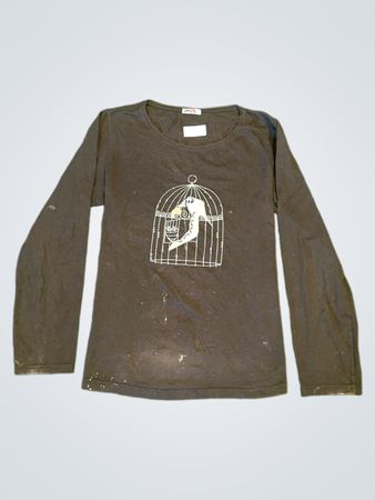 CAMISETAS Schwarzes Langarm-T-Shirt mit Vogelkäfig-Motiv