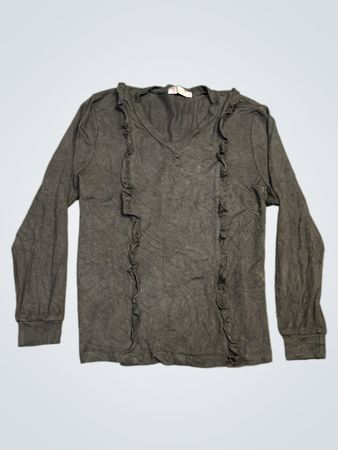 Actuelle Damen Schwarzes Langarm-Shirt mit V-Ausschnitt und Rüschen