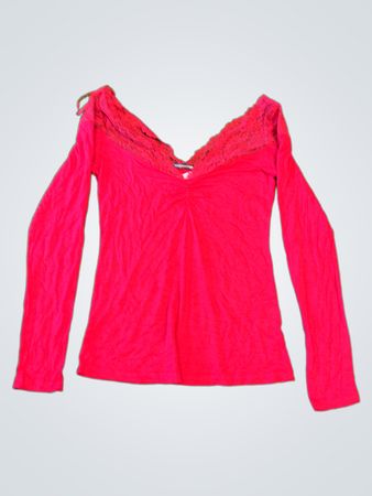 Rouge Gorge Rotes V-Ausschnitt-Oberteil mit Spitzenbesatz und langen Ärmeln