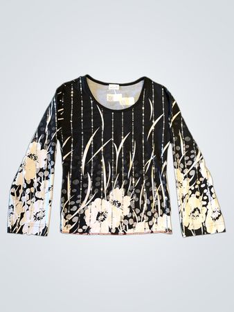 Atelier Aly Creation Damen Schwarzes Blumenmuster Glockenärmel-Oberteil