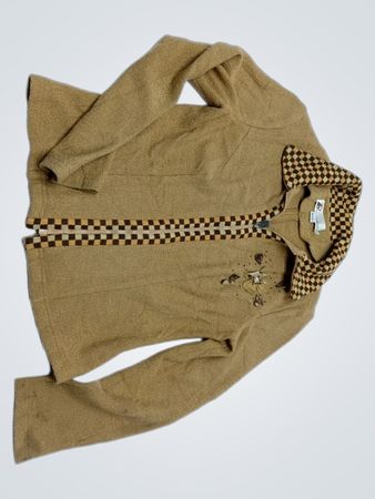 Brown Zipper Jacket with Checkered Collar and Cuffs