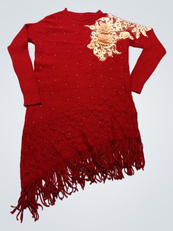 Red Fringed Dress with Floral Embellishment