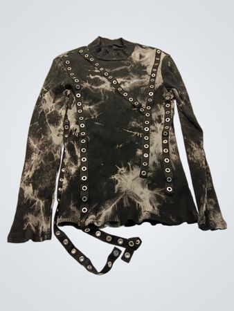 Black Tie-Dye Long Sleeve Shirt with Grommets and Straps