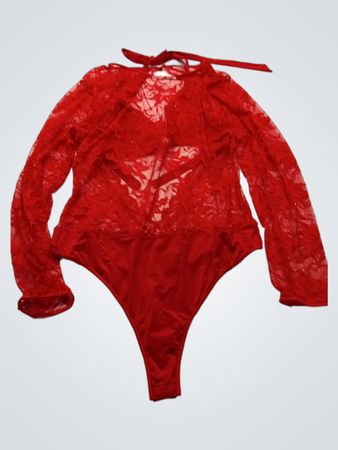 LaVeen Rose Red Lace Long-Sleeve Bodysuit